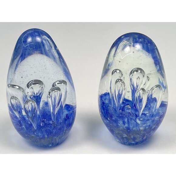 VTG Lot 3 MCM 3.5" Cobalt Hand Blown Egg-Shaped Controlled Bubble PAPERWEIGHTS - Picture 3 of 10